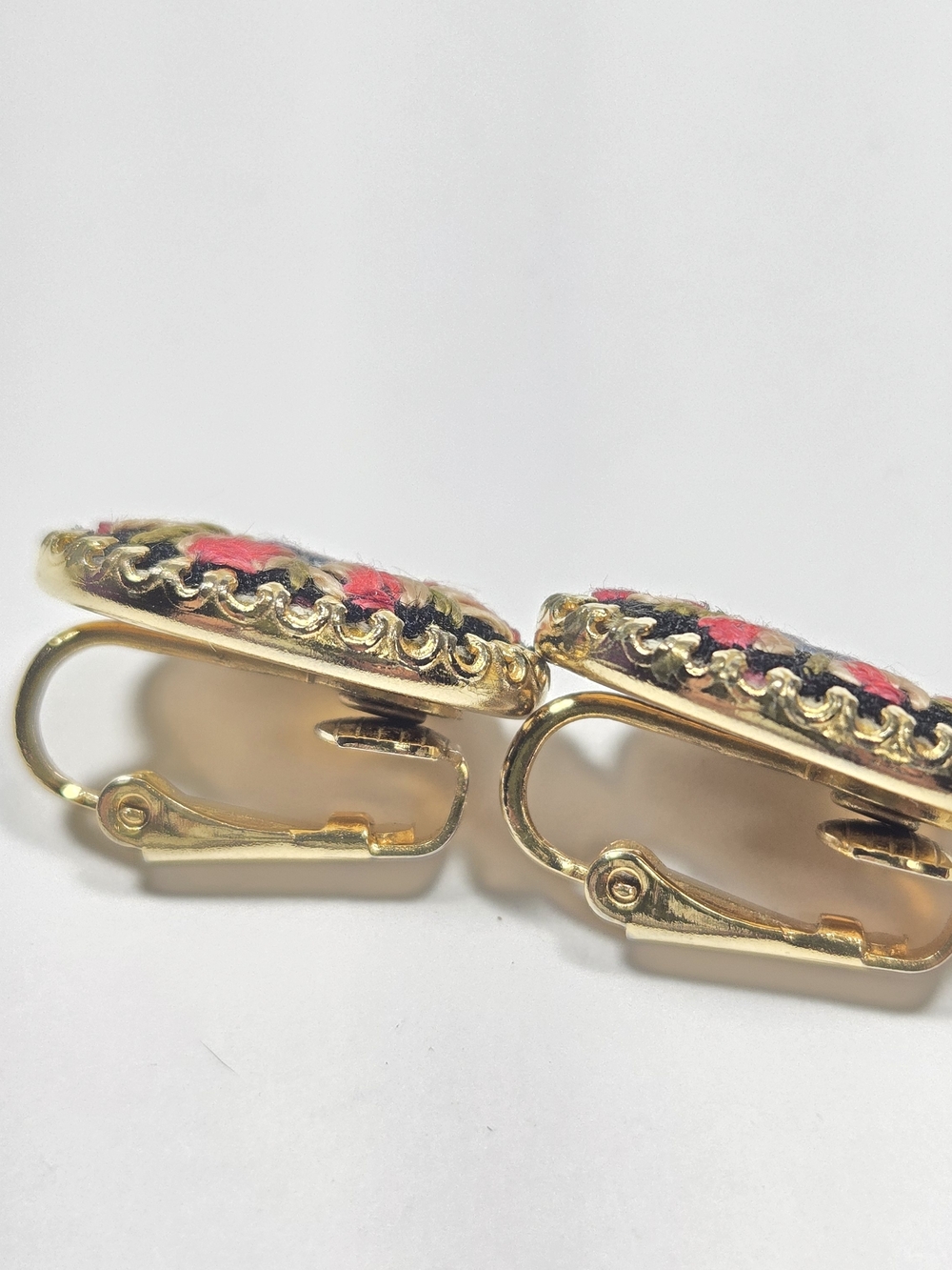 Vintage Petite Point Floral Embroidered Oval Clip On Earrings in Black and Gold - Picture 6 of 9